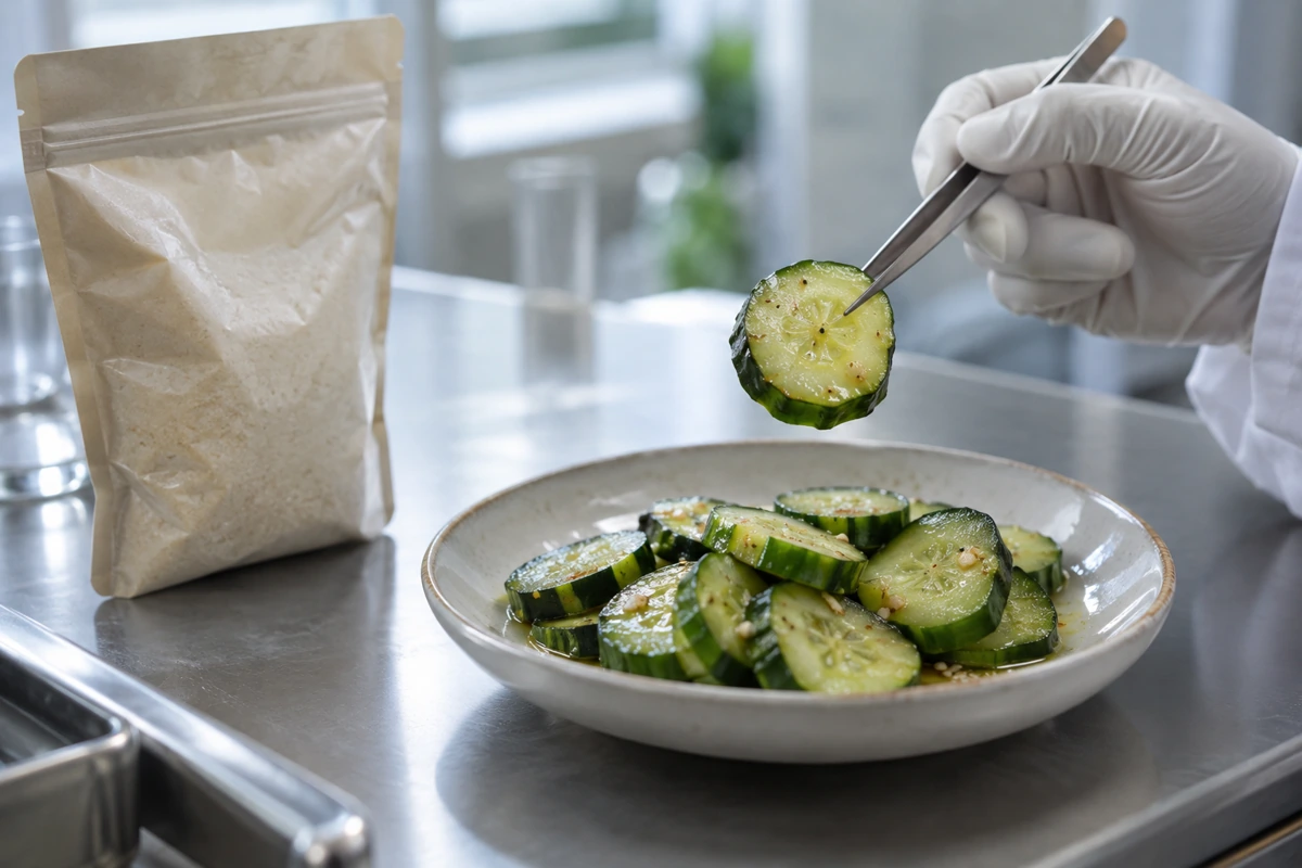 Prepared cucumber round held for a close visual inspection Prepared cucumber round held for a close visual inspection