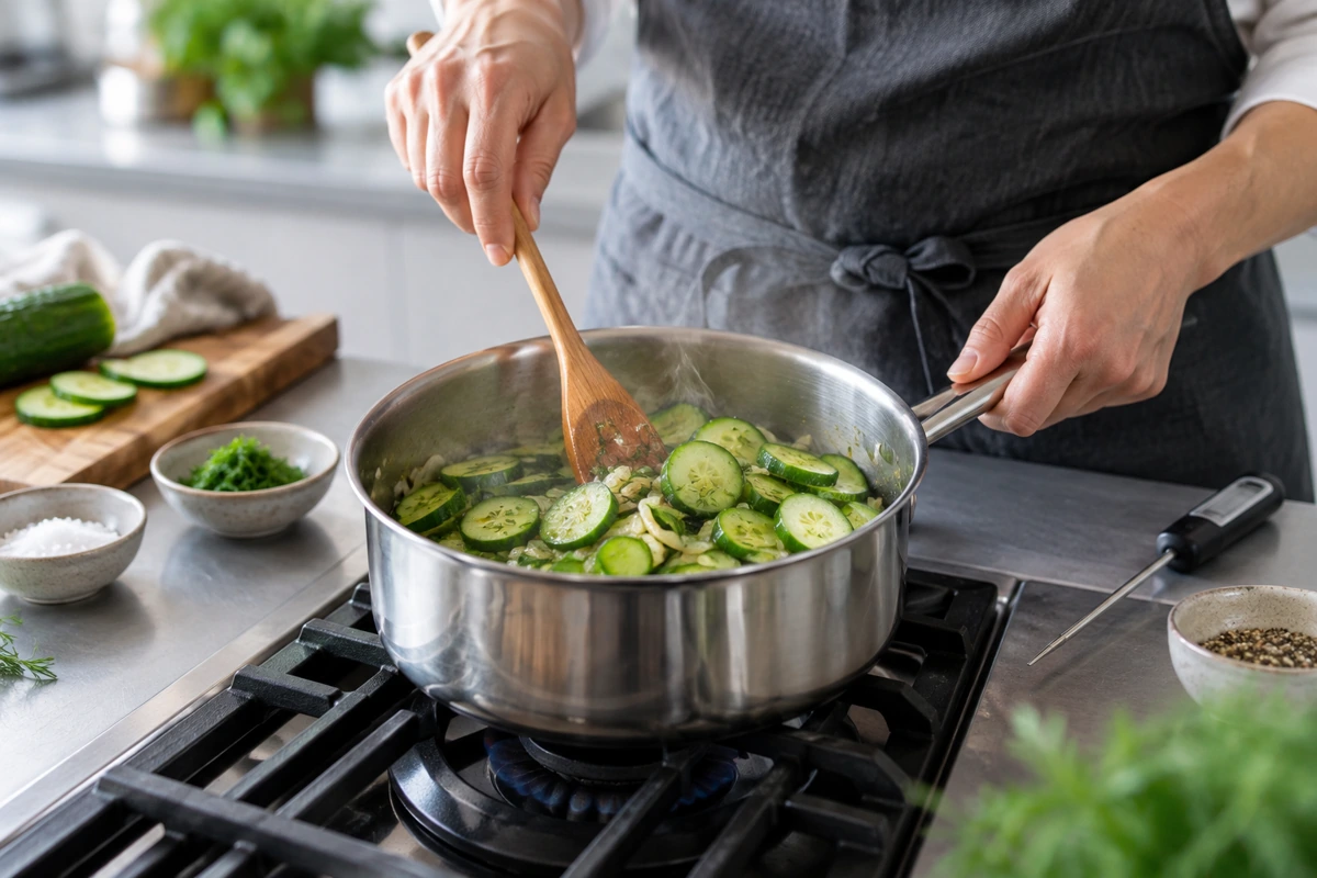 Cucumber rounds stirred in a saucepan during cooking Cucumber rounds stirred in a saucepan during cooking