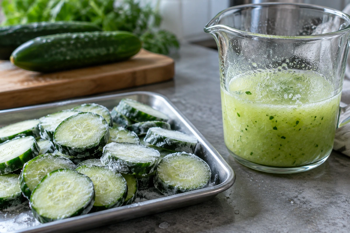 Frozen cucumber rounds beside a jug of cucumber blend Frozen cucumber rounds beside a jug of cucumber blend