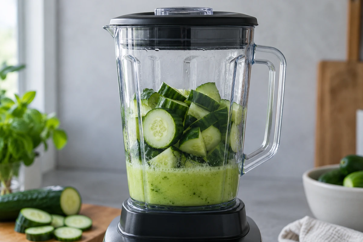 Closed blender jar with liquid below cucumber pieces Closed blender jar with liquid below cucumber pieces
