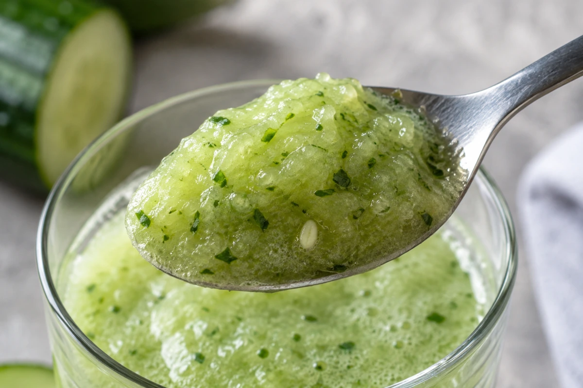 Cucumber puree on a spoon showing peel flecks and a seed fragment Cucumber puree on a spoon showing peel flecks and a seed fragment