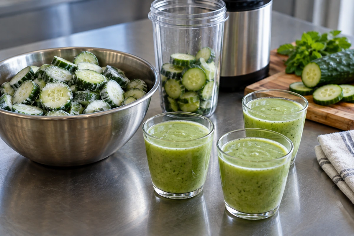 Cucumber ingredient batch beside small serving cups Cucumber ingredient batch beside small serving cups