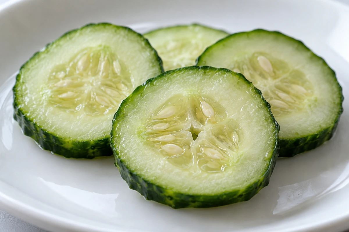 Prepared cucumber rounds with visible central seed tissue Prepared cucumber rounds with visible central seed tissue
