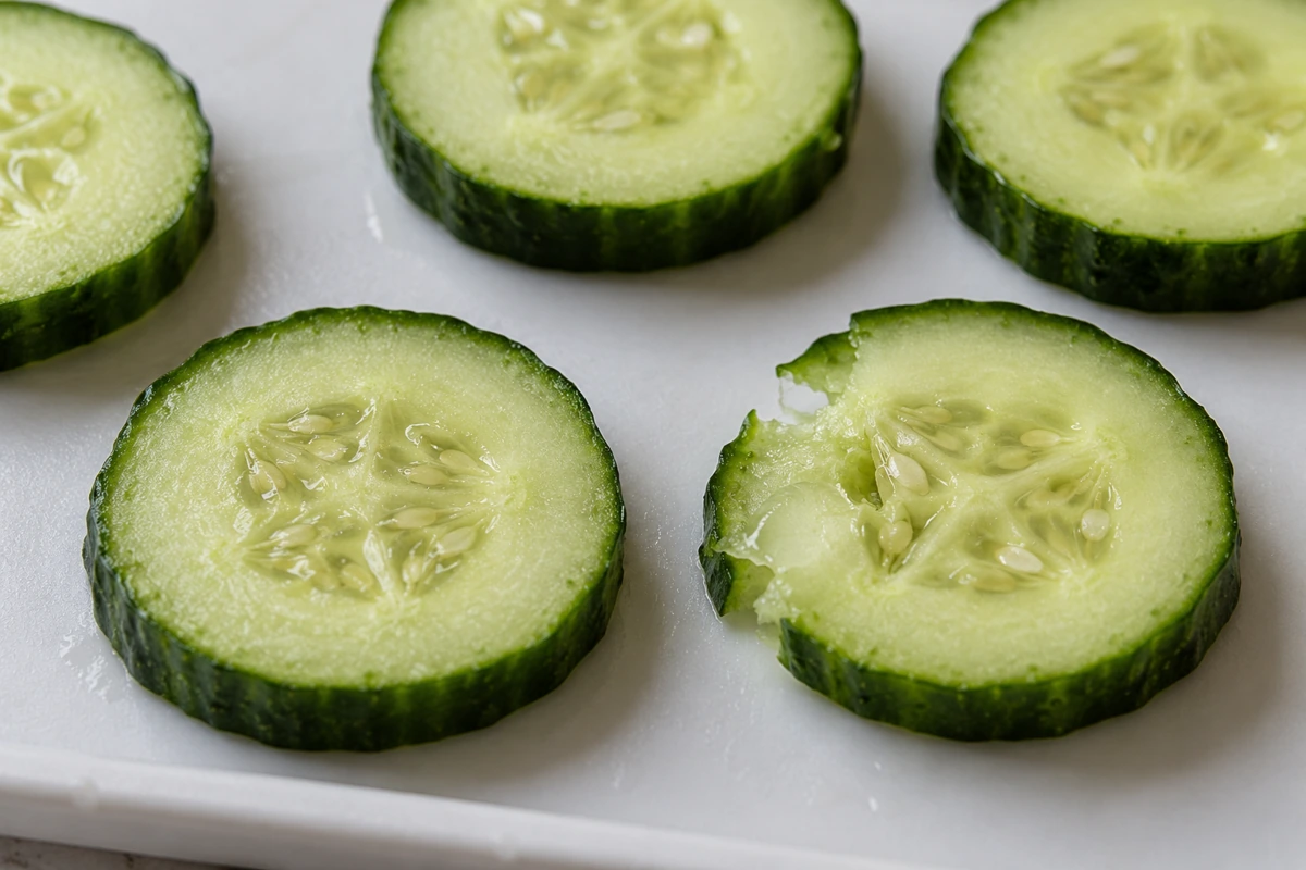 Cucumber rounds with an intact rim and a torn missing edge Cucumber rounds with an intact rim and a torn missing edge