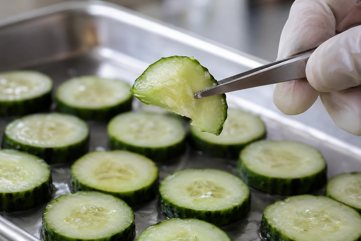 Broken cucumber half-round held above intact slices Broken cucumber half-round held above intact slices