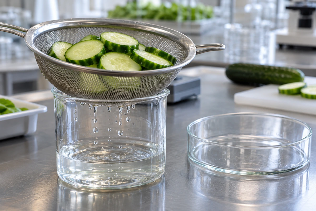 Cucumber rounds draining in a sieve into a clear collection vessel Cucumber rounds draining in a sieve into a clear collection vessel
