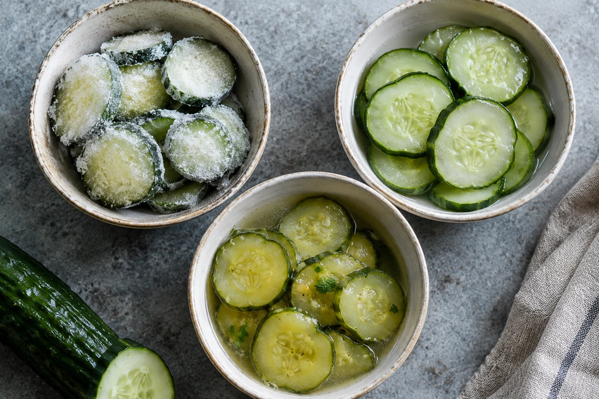 Illustrative frozen thawed and cooked cucumber rounds in separate dishes Illustrative frozen thawed and cooked cucumber rounds in separate dishes
