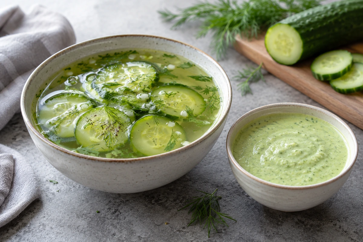 Cucumber piece soup beside a smooth pale green sauce Cucumber piece soup beside a smooth pale green sauce