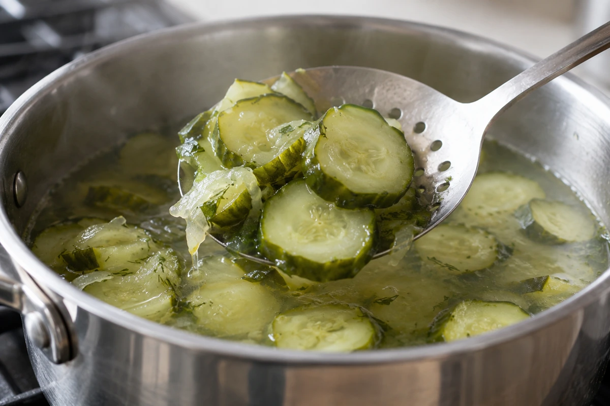 Softened cucumber rounds lifted from their cooking liquid Softened cucumber rounds lifted from their cooking liquid