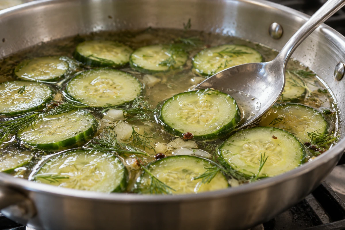 Cucumber rounds gently heated in a shallow broth pan Cucumber rounds gently heated in a shallow broth pan