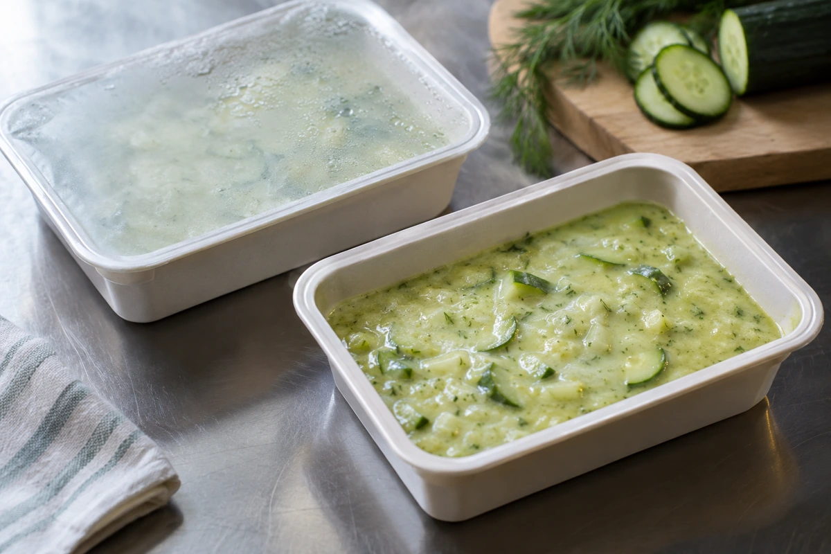 Illustrative sealed frozen and open prepared cucumber meal trays Illustrative sealed frozen and open prepared cucumber meal trays