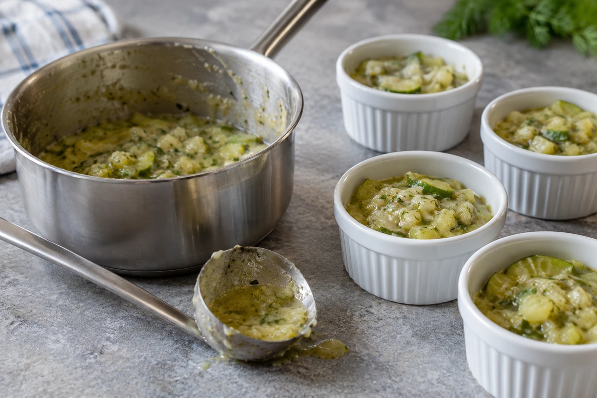 Cooked cucumber sauce portioned into ramekins beside pan residue Cooked cucumber sauce portioned into ramekins beside pan residue