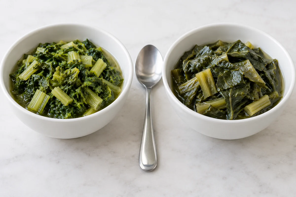 Cooked greens for flavor comparison Two bowls of cooked mustard and collard greens
