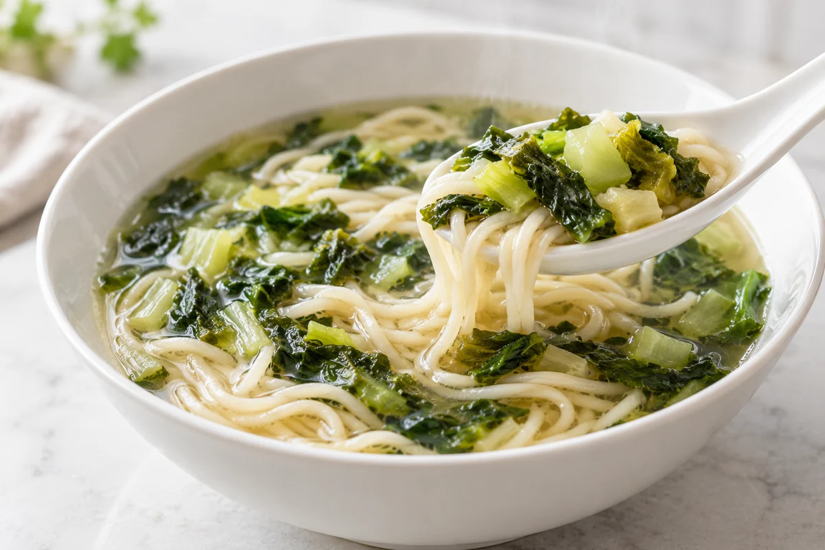 Mustard greens in noodle soup Noodle soup spoon with cooked mustard leaf and stem pieces
