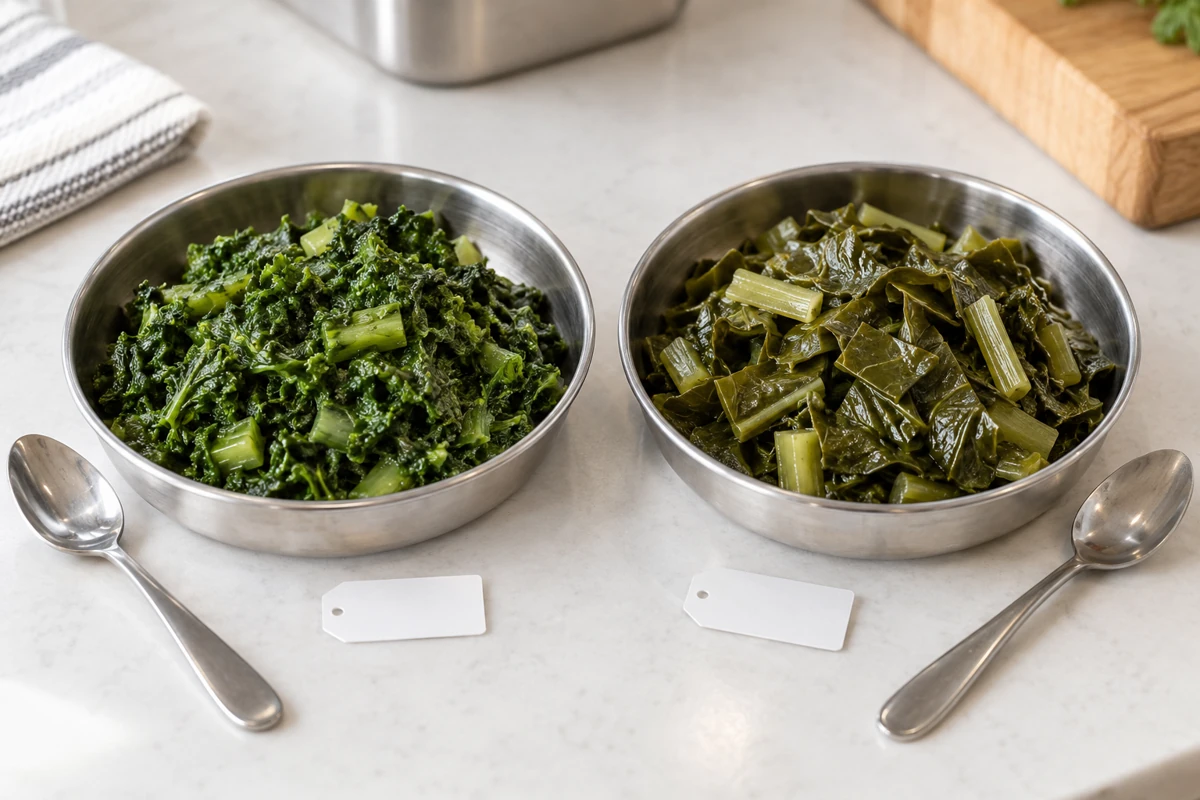 Compare prepared samples consistently Two sample dishes of cooked mustard and collard greens
