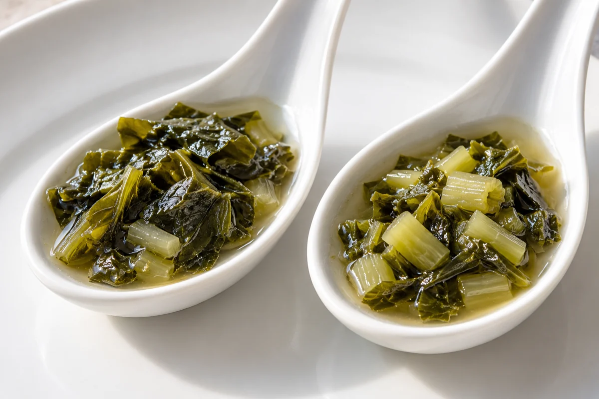 Two soup spoons with different visible leaf and stem balances