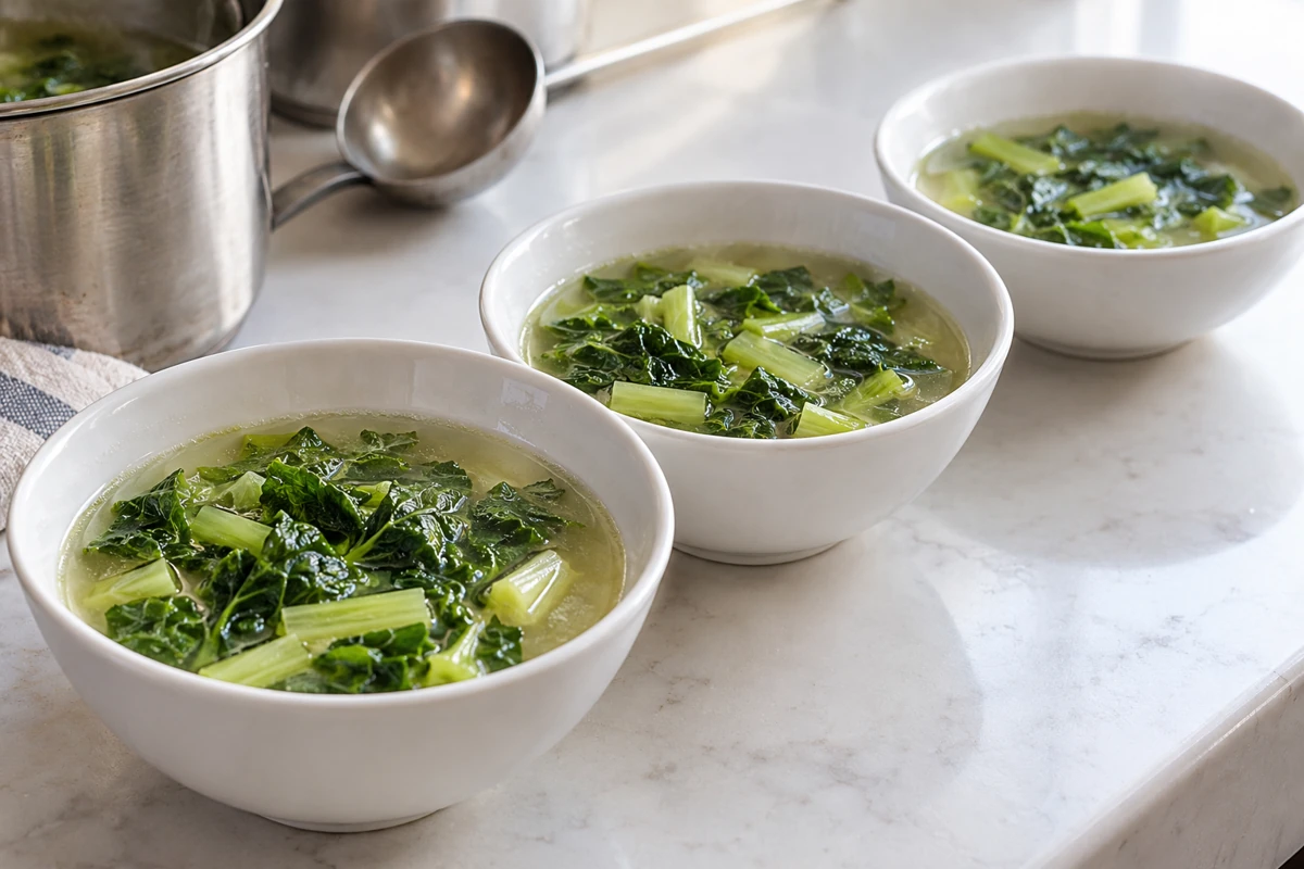 Three bowls of soup with cooked mustard greens