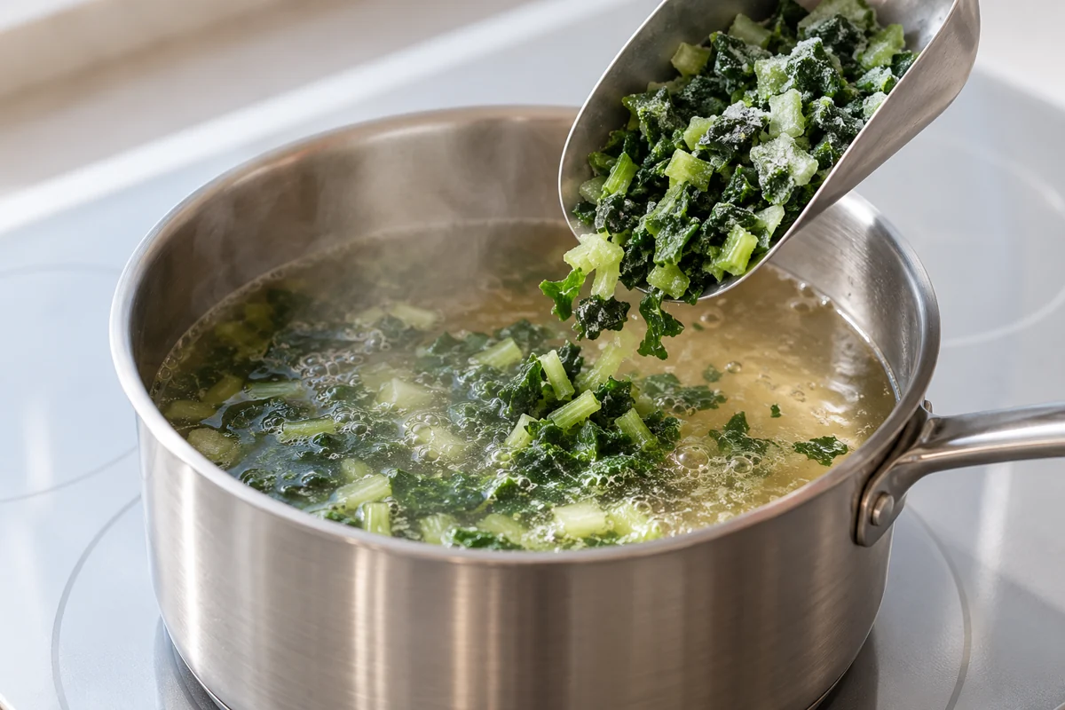 Chopped frozen mustard greens entering a pan of broth