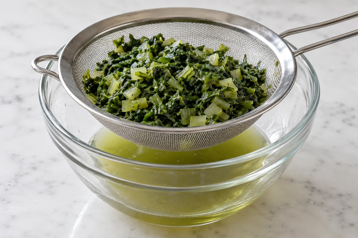Prepared mustard greens in a sieve above released liquid