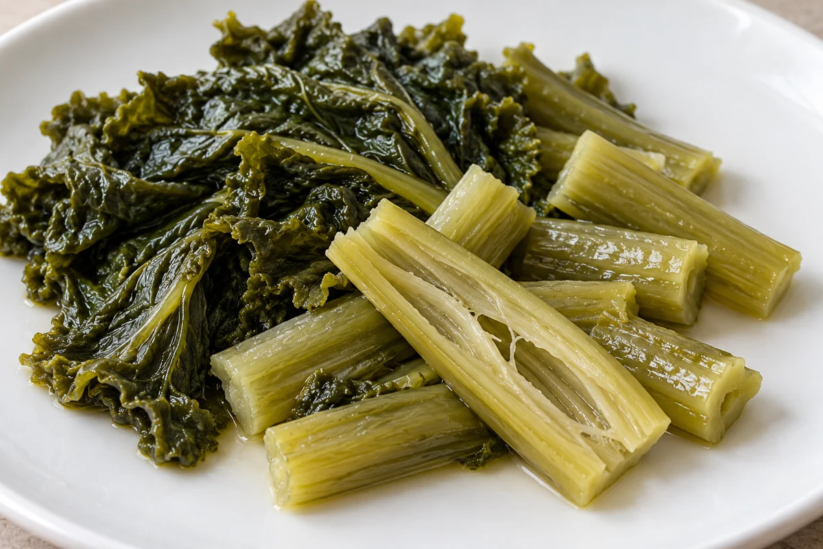 Cooked mustard petiole split lengthwise beside cooked leaf
