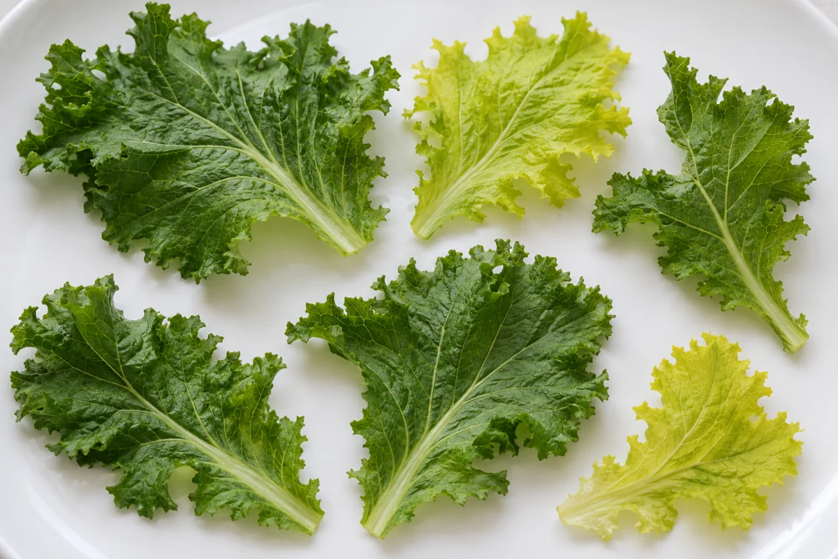 Green and yellow-green mustard leaf fragments on a plate