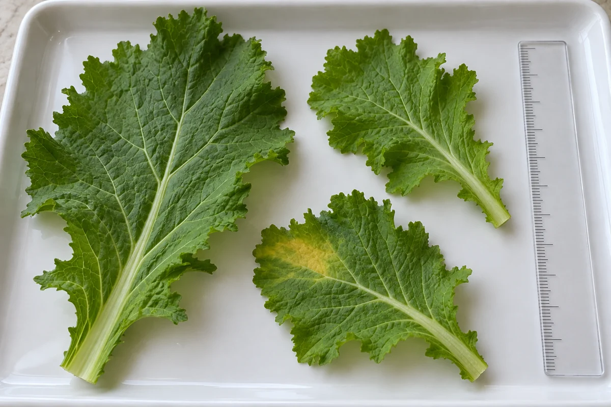 Mustard leaf fragments with one yellow area beside a clear ruler