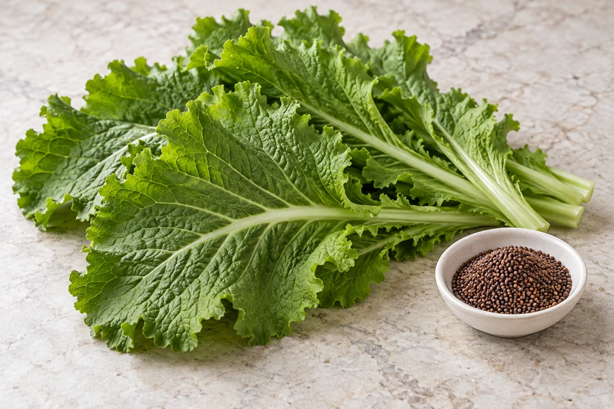 Leaf vegetable and seed ingredient Mustard leaves with a small dish of mustard seeds