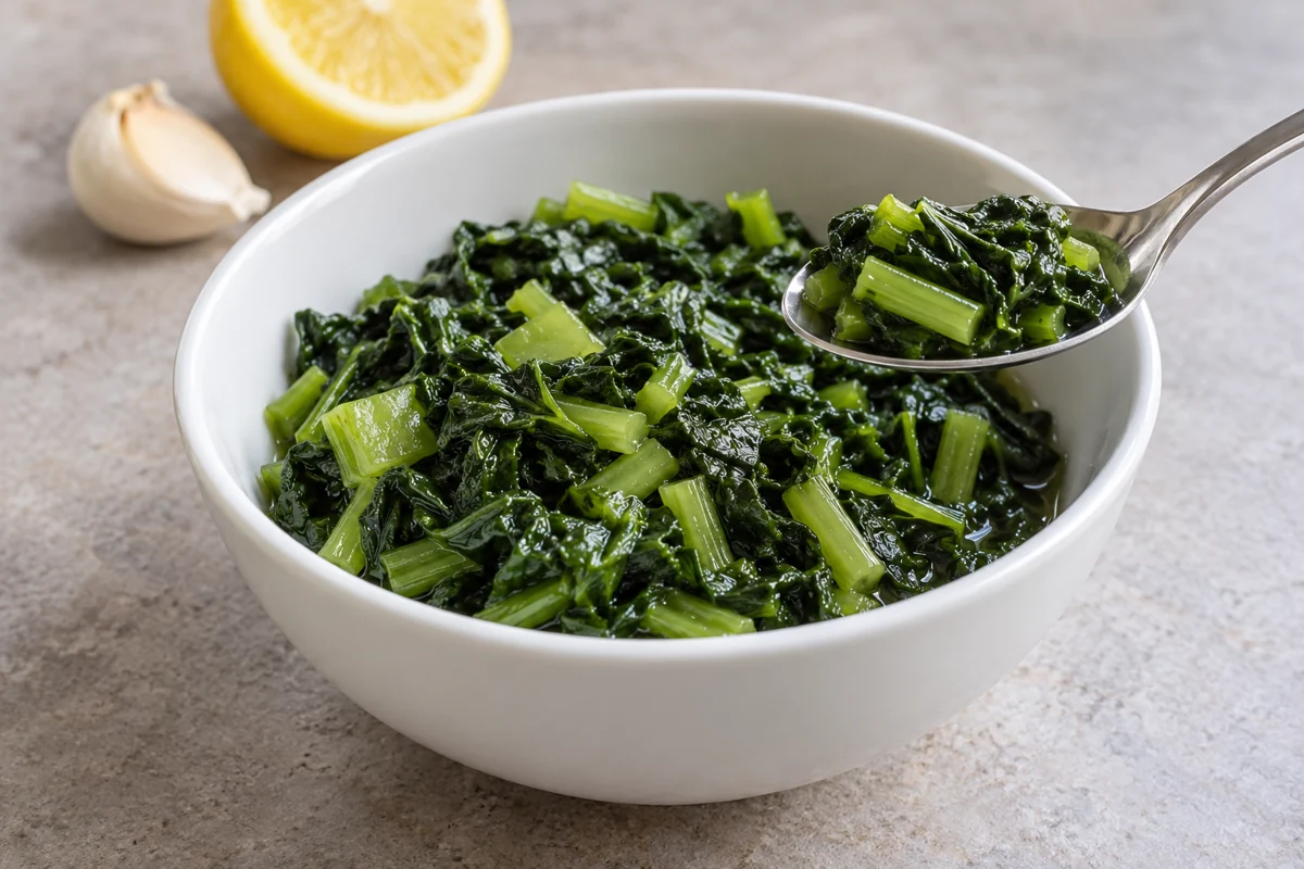 Taste the prepared ingredient Plain cooked mustard greens in a tasting bowl