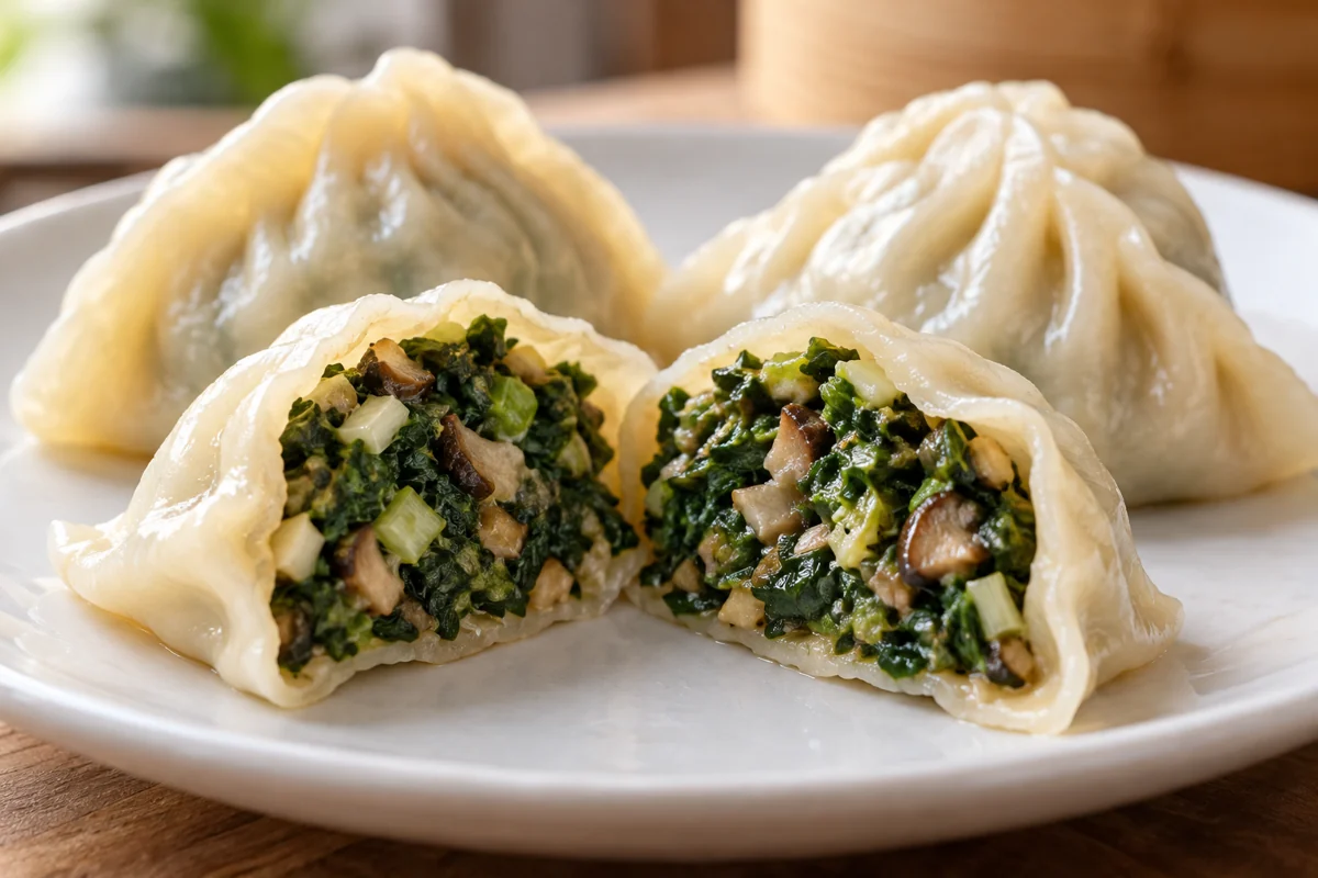 A possible cooked filling application Steamed dumpling cut open to show chopped green and mushroom filling
