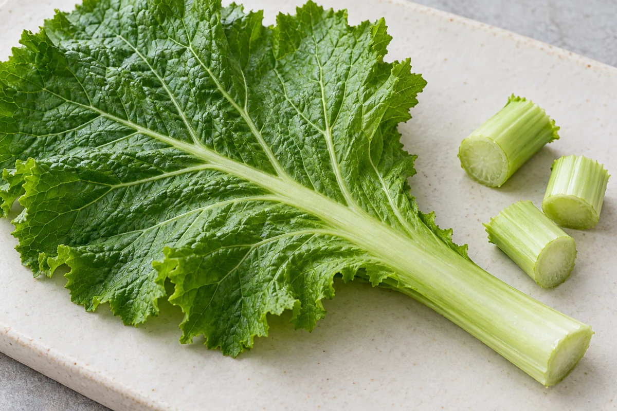 Leaf and supporting tissue Mustard blade attached to petiole with cut petiole pieces