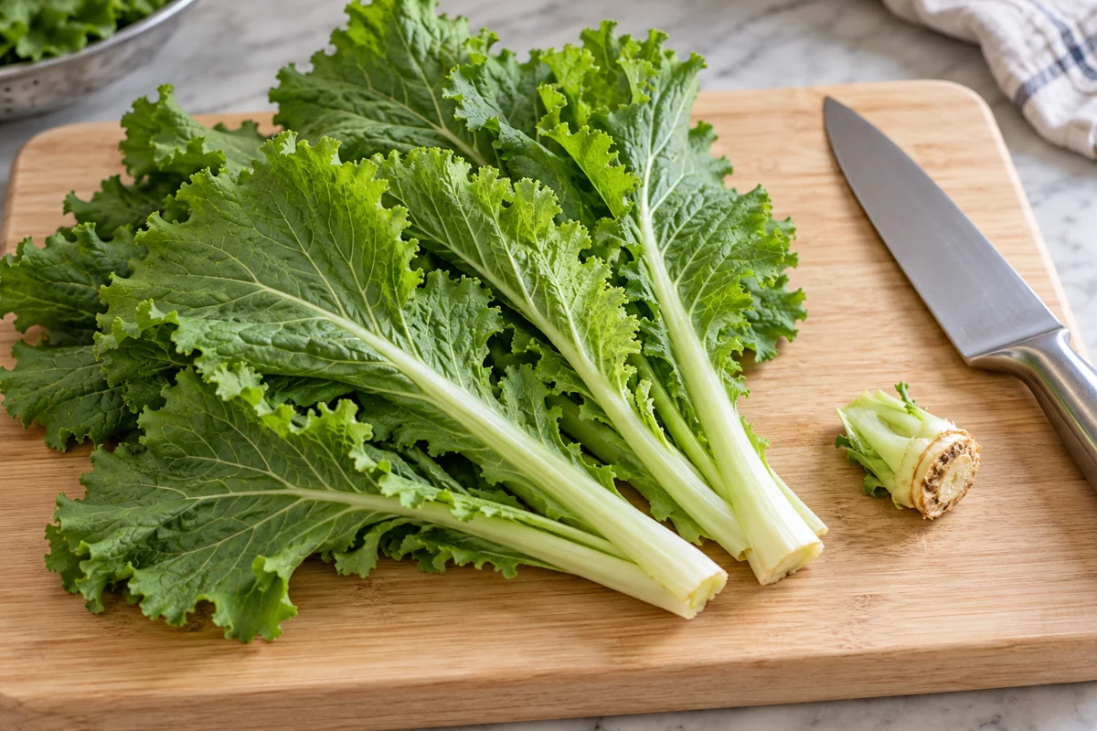 Select suitable material before freezing Mustard leaves with a trimmed coarse basal end on a board