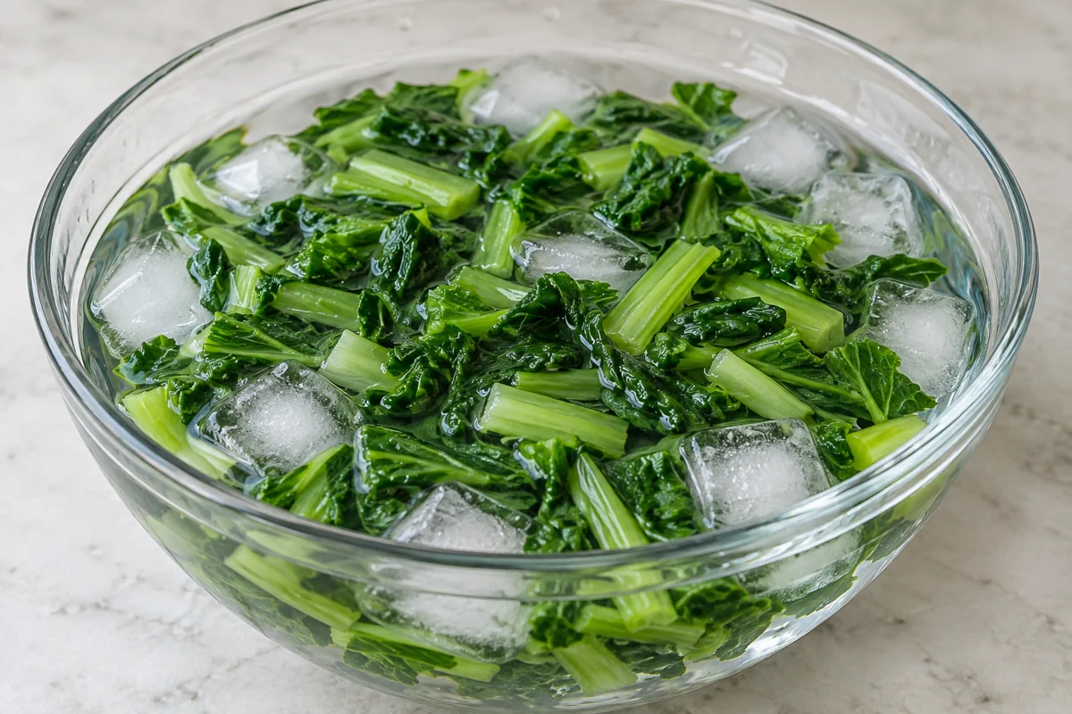 Cooling after a heat treatment Mustard greens immersed in cold water with ice