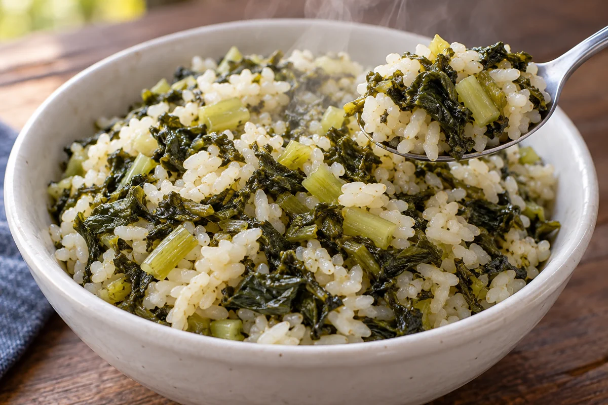 Review the ingredient in the served food Cooked mustard greens distributed through a rice portion