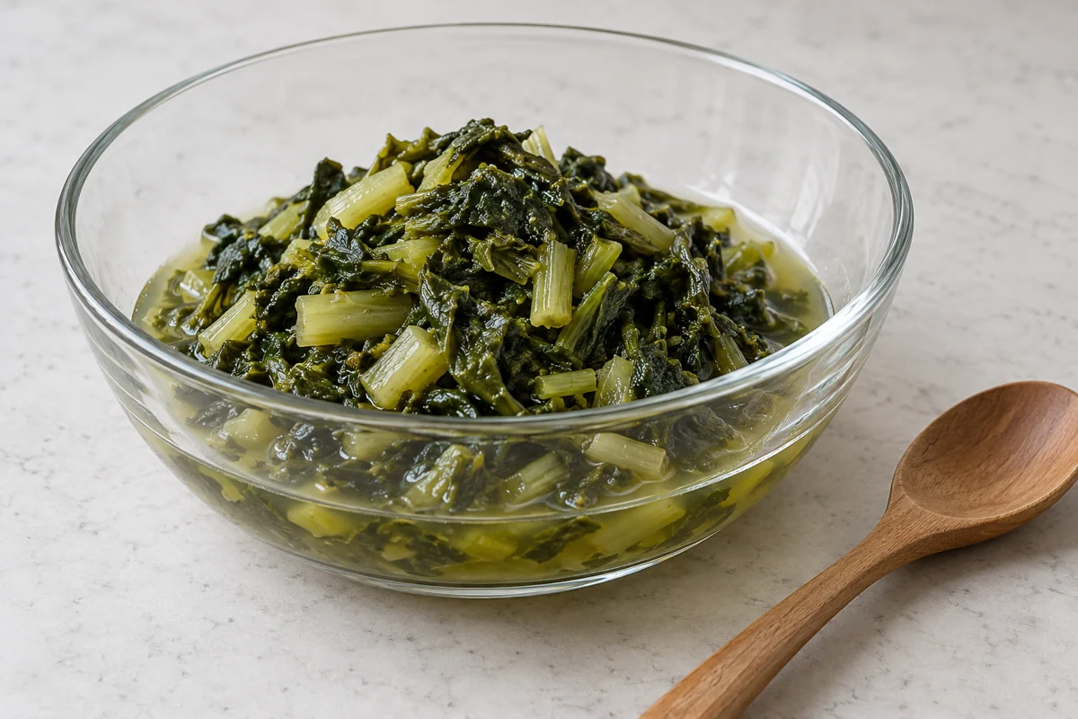Account for solids and liquid Prepared mustard greens with released liquid in a glass bowl