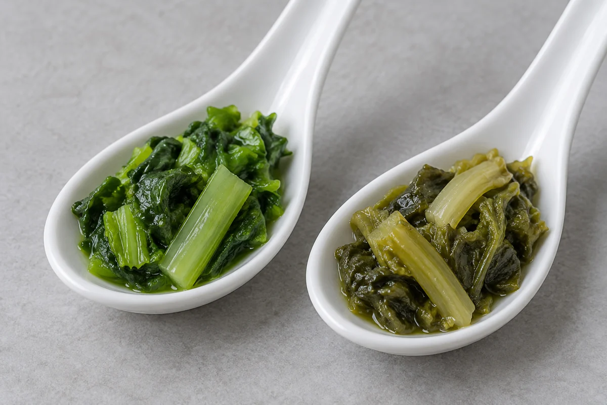 Compare prepared color consistently Two spoonfuls of cooked mustard greens with different visible colors