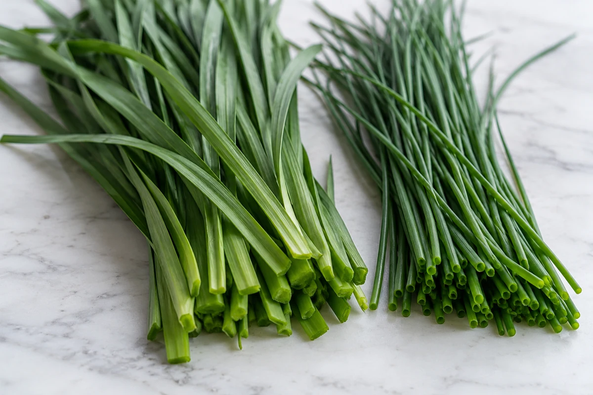Garlic chives and ordinary chives Flat garlic-chive leaves beside hollow ordinary-chive leaves