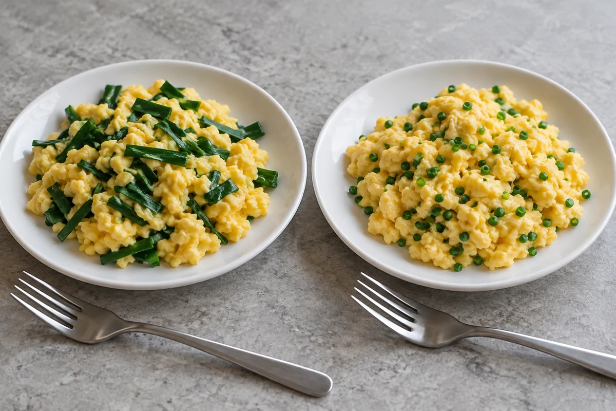 Compare chives in cooked egg Flat garlic-chive pieces and fine chive rings in two egg portions