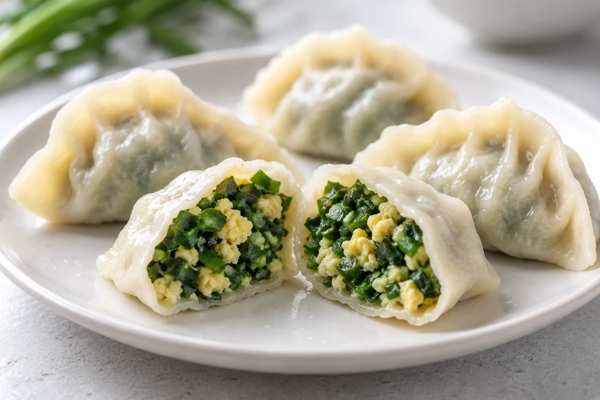 Garlic-chive and egg dumpling filling Opened cooked dumpling with chopped green chive and egg filling