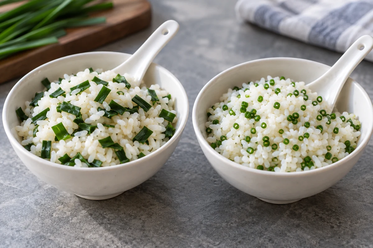 Compare chive cuts in the same food Rice portions with flat garlic-chive pieces and fine hollow chive rings