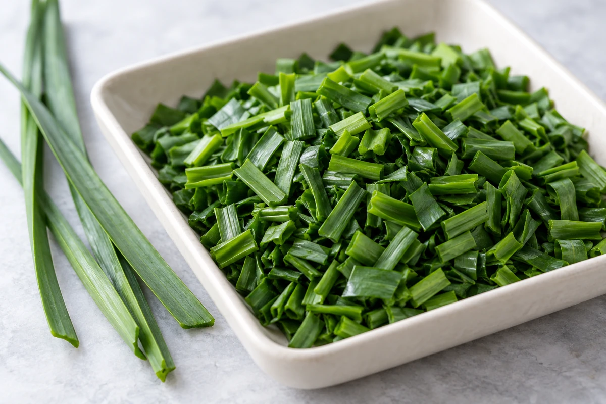 Garlic-chive physical reference Short flat garlic-chive pieces beside longer leaves in a tray