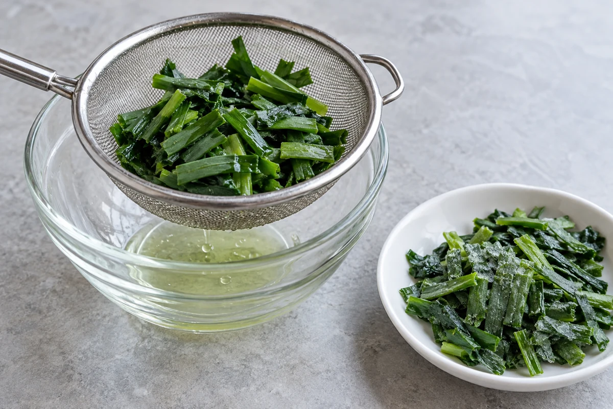 Assessing liquid from chive leaf cuts Chive leaf cuts in a sieve above captured liquid beside a frosted sample