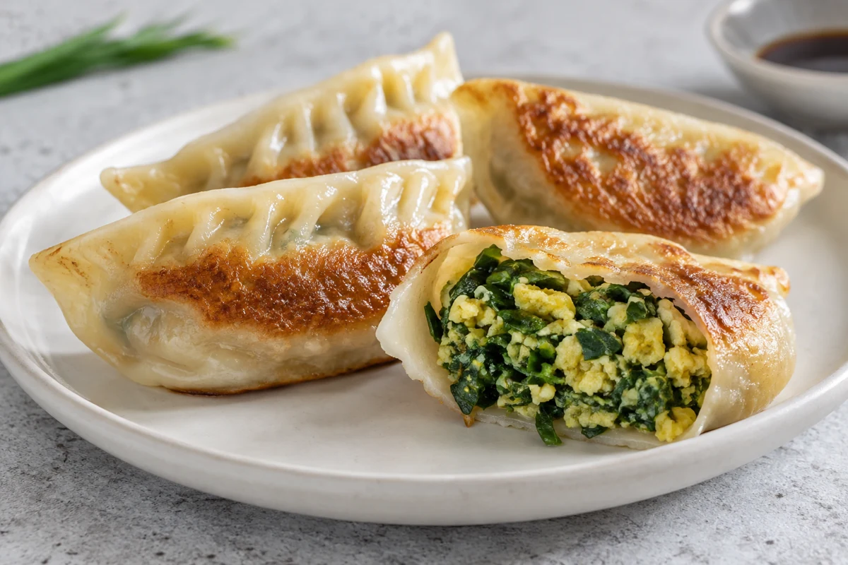Chive filling in a pan-seared dumpling Opened pan-seared dumpling with green chive and egg filling