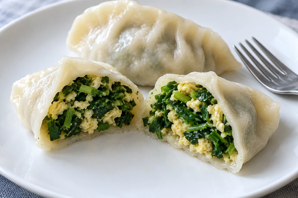 Cooked dumpling filling and wrapper Cut cooked dumpling halves showing the leaf filling and wrapper junction