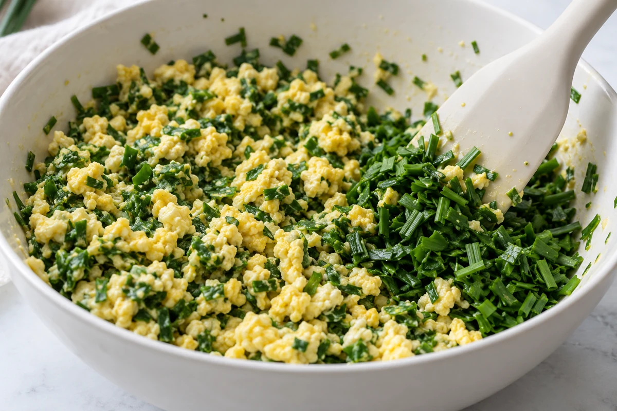 Chive distribution during mixing Spatula folding short chive cuts into cooked egg filling