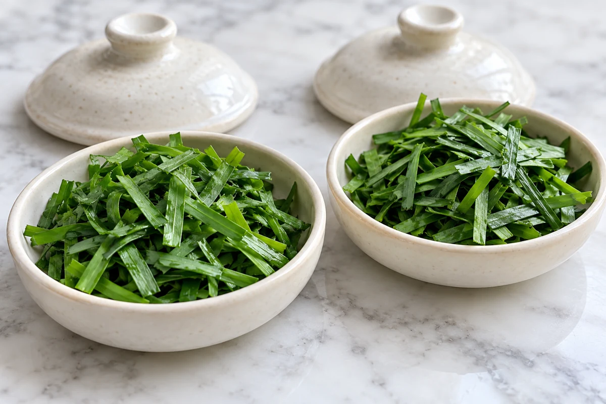Flat chive leaf cuts in two matching dishes with lids behind