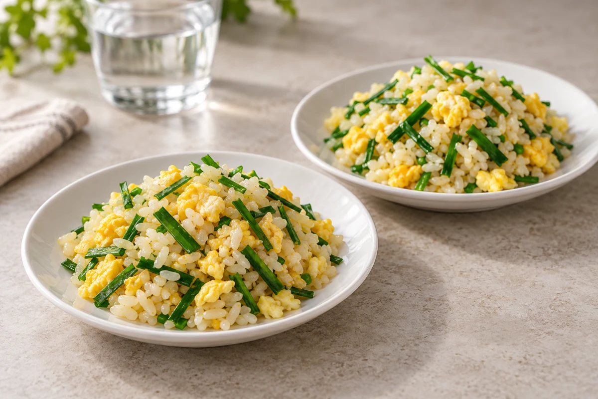 Two plates of egg rice containing flat chive pieces