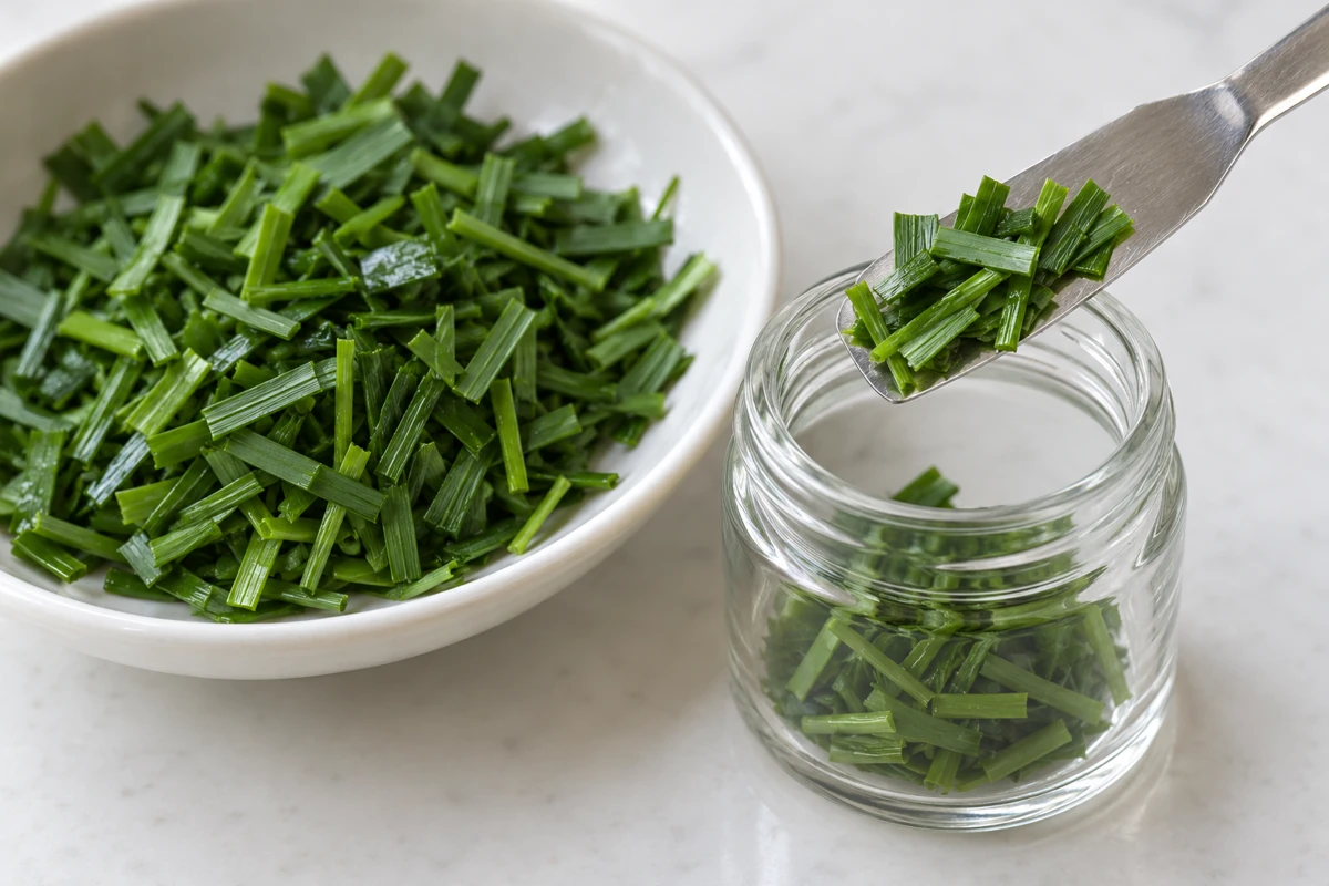 Flat chive cuts transferred from a dish toward a small glass sample container