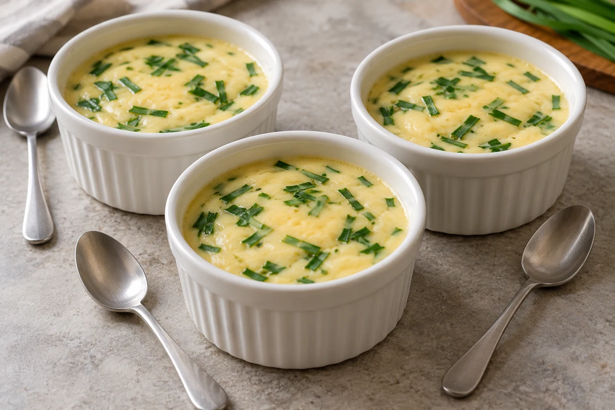Three similar chive egg custards with individual spoons