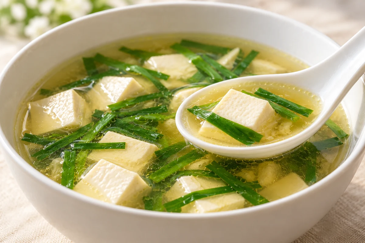 Tofu and thin chive leaves in broth on a soup spoon