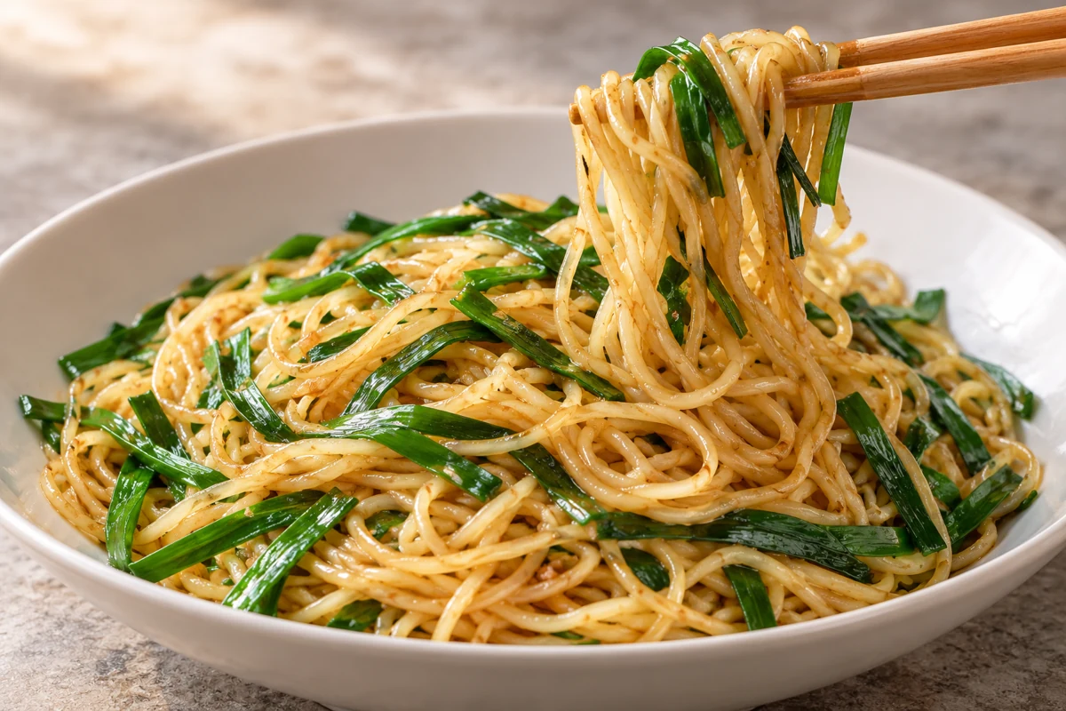 Cooked chive leaves in noodles Noodles and flat chive strips lifted with chopsticks